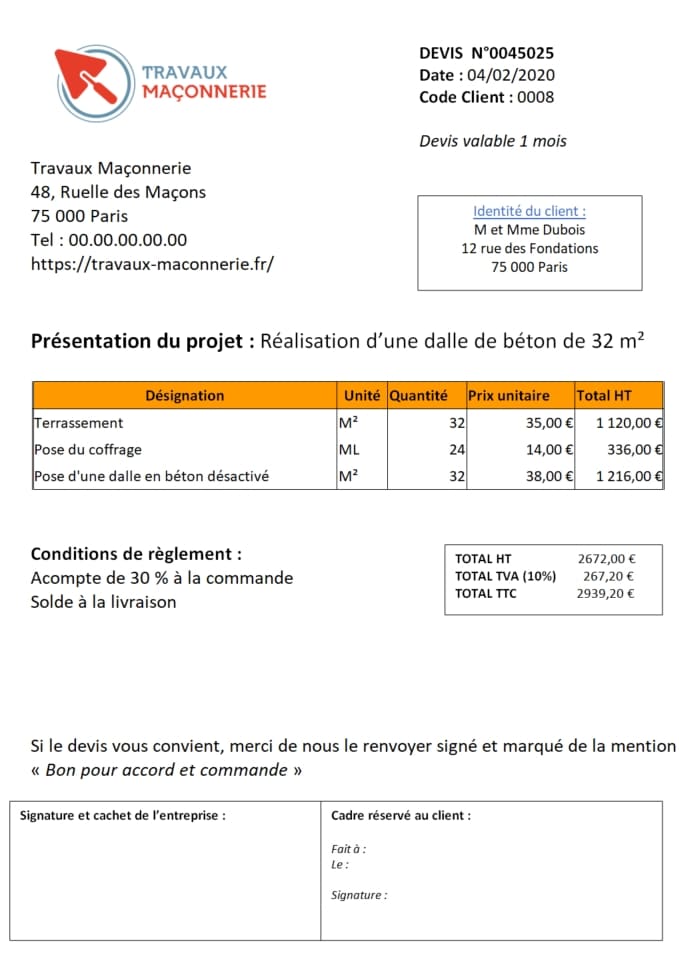 Modèle devis maconnerie