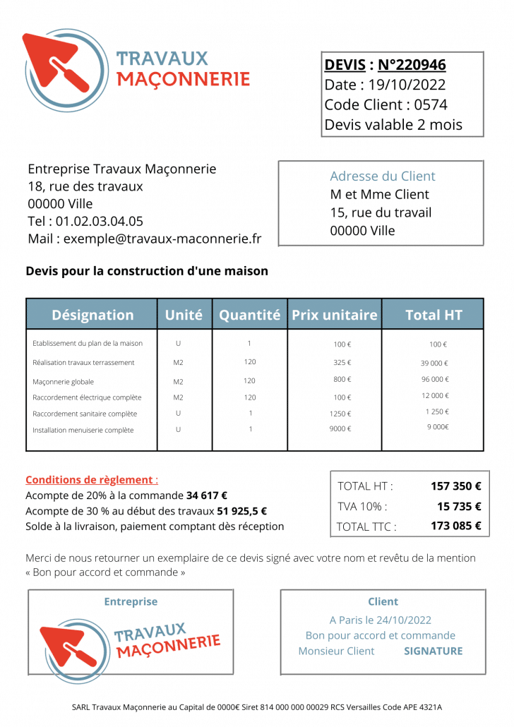 exemple de devis de construction d'une maison